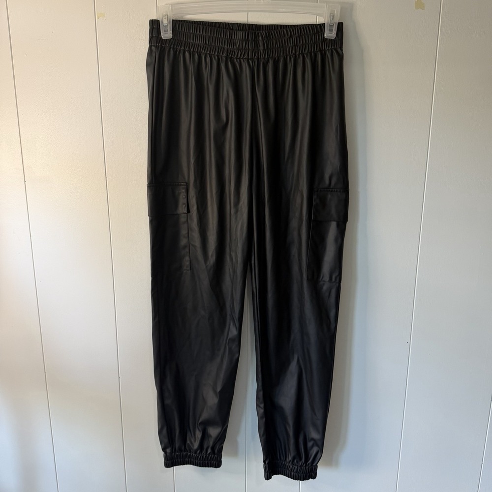 THML Faux Vegan Leather Cargo Jogger Pants Black Elastic Waist Women's Large